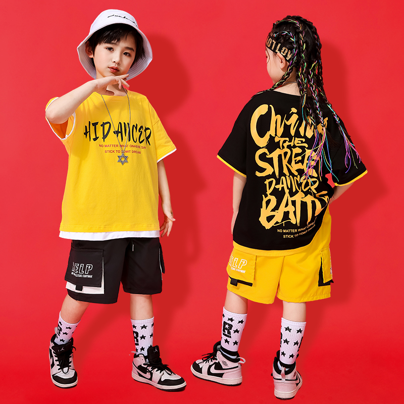 少儿街舞套装男童嘻哈潮服hiphop帅气短袖夏季舞蹈服女童表演服酷