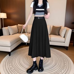 羊绒面料百褶裙长裙2025新款韩版简约纯色法式高腰显瘦a字裙女