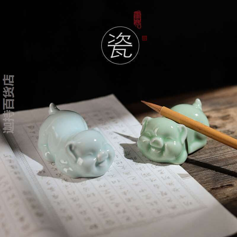 墨尘猪生肖迷你陶k瓷小楷毛笔w笔搁笔架可爱日式笔山中国风小号托