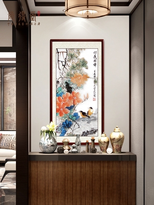 尚得堂纯手绘国画花鸟画中式玄关装饰画走廊过道竖版花开富贵挂画