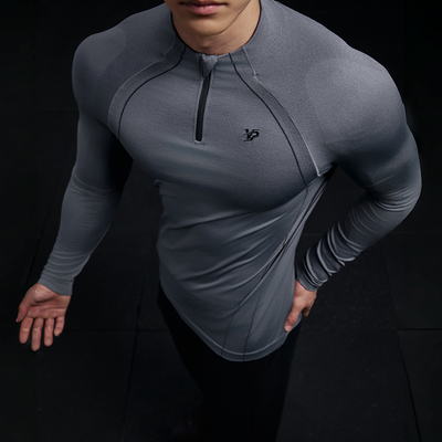 立领长袖修身显型T恤男健身上衣