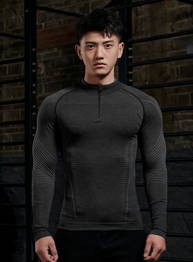 Vest up圆领无缝半门襟新款健身衣弹力速干长袖透气训练长袖上衣