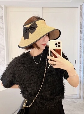 日本专购张子萱同款大帽檐空顶帽可折叠卷边防晒帽蝴蝶结遮阳草帽