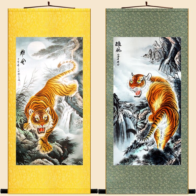 雄风猛虎图 下山虎上山虎画像卷轴画挂画 复f古书房客厅装饰画定
