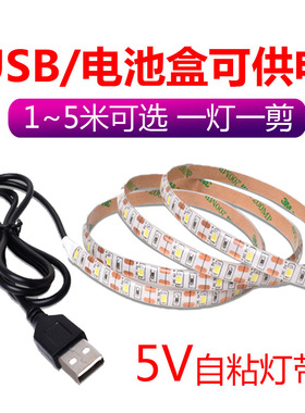5V贴片LED灯带超薄自粘一灯一剪USB接口供电灯带5V电池盒装饰道具