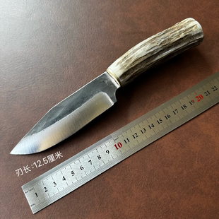 高碳钢手工锻打小刀天然鹿角柄复古猎刀野营生存随身刀博伊户外刀