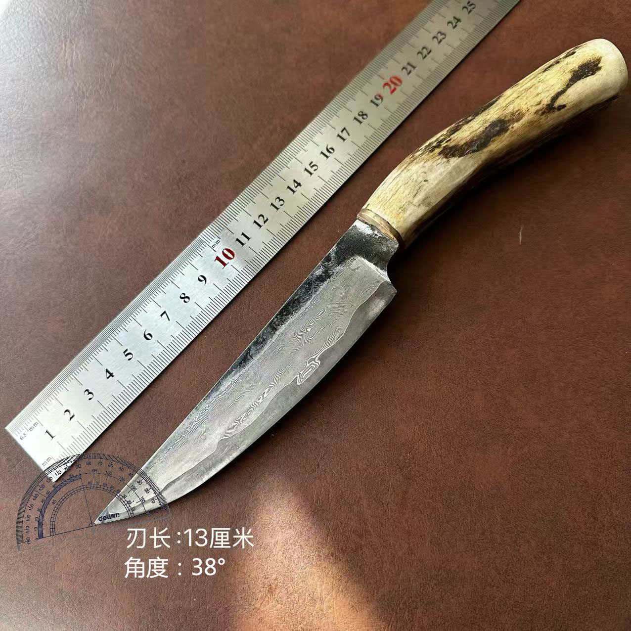 手工鹿角柄剔骨刀大马士革厨刀便携露营切片牛排专用刀剔骨分割刀