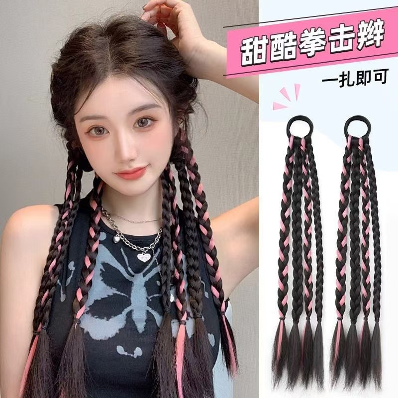辣妹甜酷减龄假发辫子女彩色挑染麻花辫拳击辫双马尾辫子发饰假发