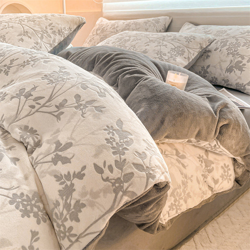 雕花牛奶绒四件套冬季珊瑚绒加厚冬天单人学生宿舍床上三件套床品