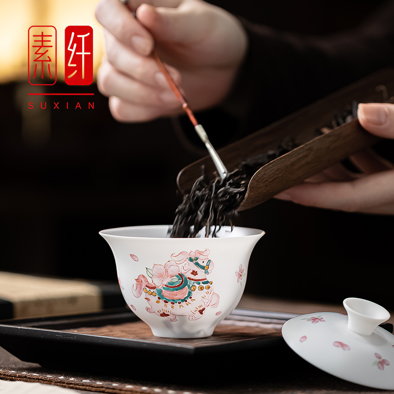 德化超薄胎手绘盖碗不烫手马蹄元宝型白瓷泡茶专用盖碗茶具礼盒装