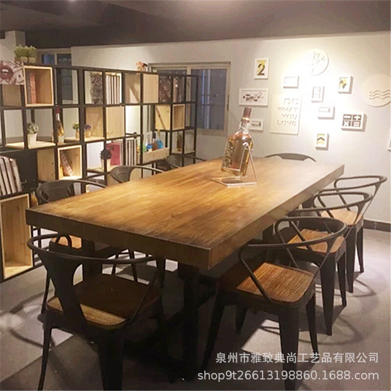 极速美式纯实木会议桌办公桌铁艺餐厅桌椅组合长条工作电脑台洽谈