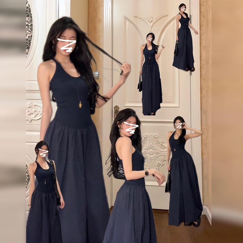 法式蓝色挂脖吊带连衣裙子女夏季2025年新款修身收腰显瘦气质长裙