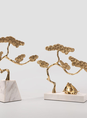 中式纯铜迎客松大k理石摆设样板间售楼部餐桌玄关桌面现代软装摆