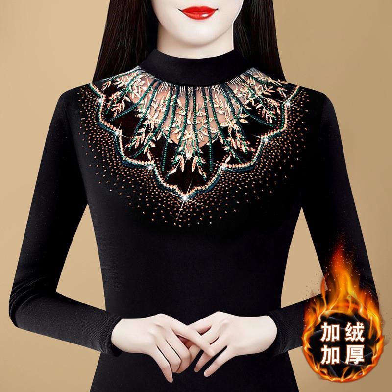 高货实拍2024秋冬女装新款女z士蕾丝衫加厚加绒保暖银丝上衣打底