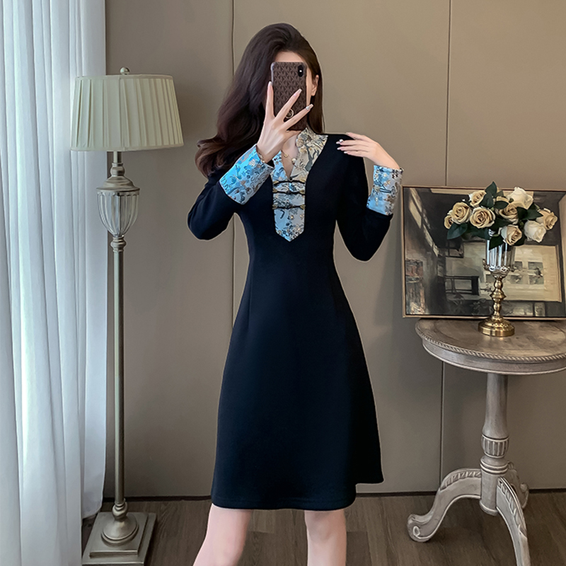 高级感超显瘦新中式连衣裙女秋冬加绒加厚撞色拼接收腰显瘦旗袍裙