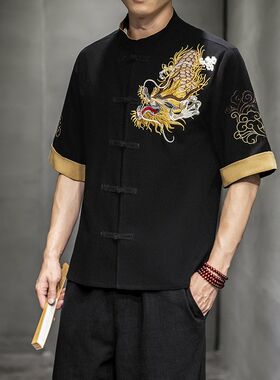 厨师长工作服短袖绣龙厨房大厨中国风夏季O装厨师服男龙袍透