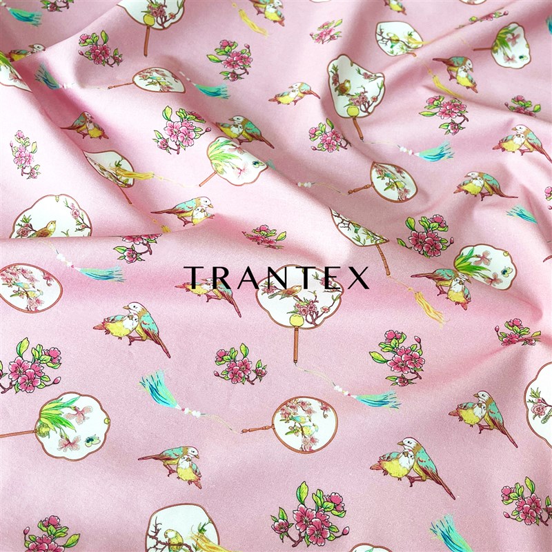 60支全棉府绸纯棉印花中国风旗袍唐装面料布料扇子鸟