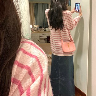少女粉!学院风开叉条纹毛衣女春装新款韩版宽松慵懒针织衫上衣潮