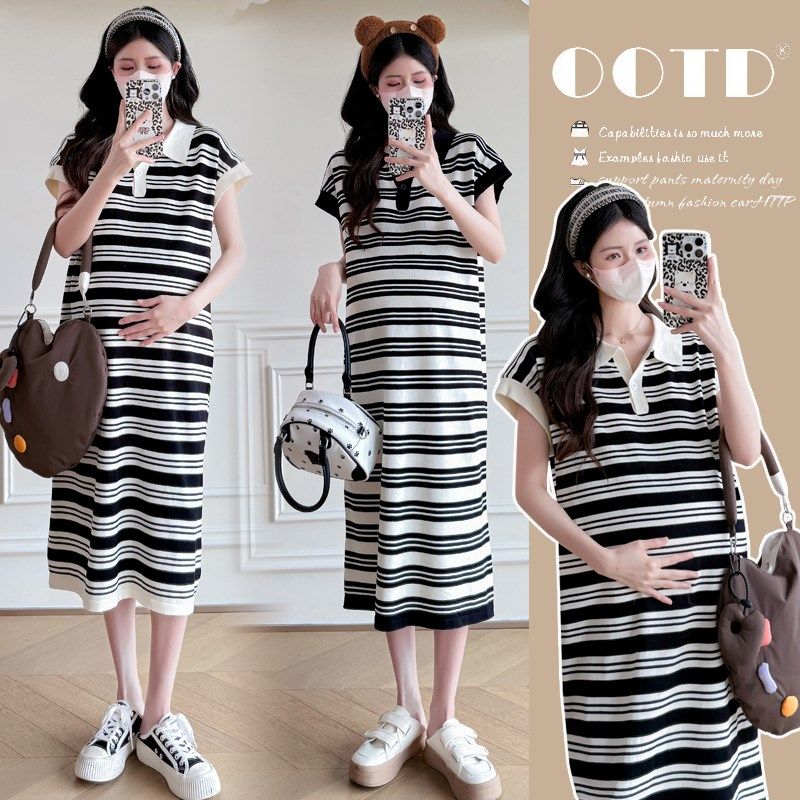 大码孕妇连衣裙女2025夏季新款冰丝E条纹时尚短袖翻领t恤裙子200,孕妇装/孕产妇用品/营养,连衣裙,淘宝优惠券,粉丝福利购,淘宝优惠卷