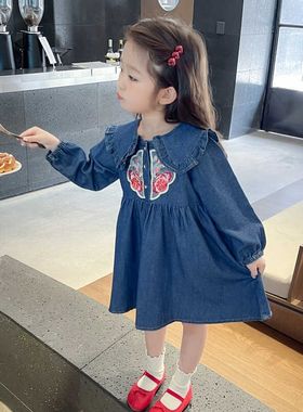 女童牛仔连衣裙春秋款2024新款新秋季中式国风女宝宝裙子儿童秋装