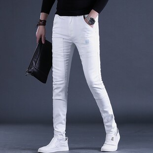 白色裤子男秋季新款牛仔裤男士y潮牌修身小脚拼接潮流长裤青年男