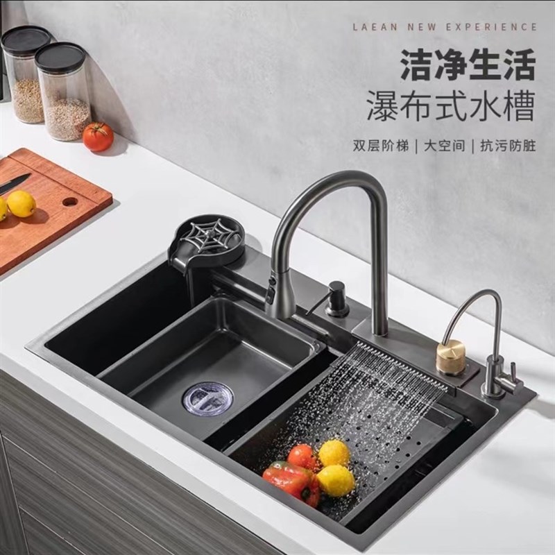 飞雨瀑布水槽压i纹蜂窝厨房304不锈钢大单槽家用洗菜盆台下洗碗池