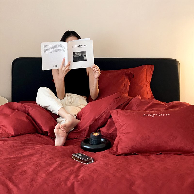 轻奢喜事婚庆床品四件套纯棉100支长绒棉红色提花结Y婚房被套床单