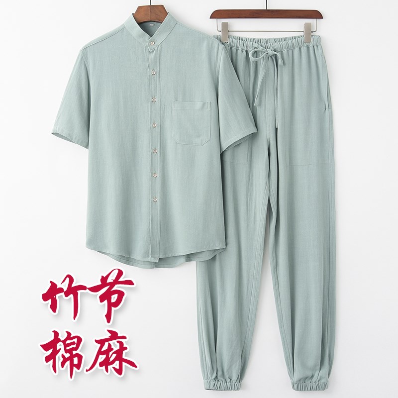 夏季棉麻中国风短l袖套装唐装男中青年中式半袖衬衫复古休闲男装