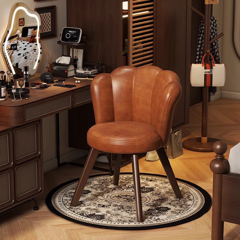 家用实木美甲花瓣靠背凳子轻奢高级化妆椅女卧室中古风梳妆台椅子