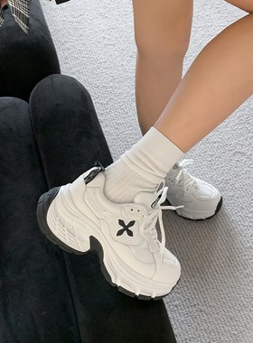 2024新款十字花厚底老爹鞋女增高显瘦运动休闲小白鞋真皮休闲鞋