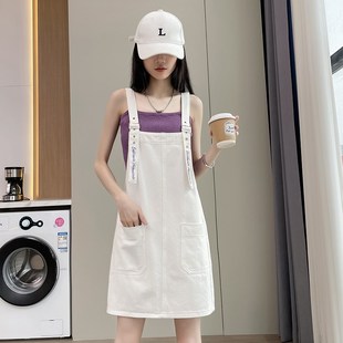 白色牛仔背带裙h女2024夏季薄款宽松显瘦百搭小个子休闲连衣裙短