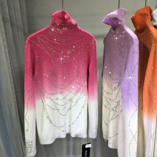 欧货重工烫钻毛衣女加厚高领显瘦渐层针织K衫上衣秋冬季保暖打底