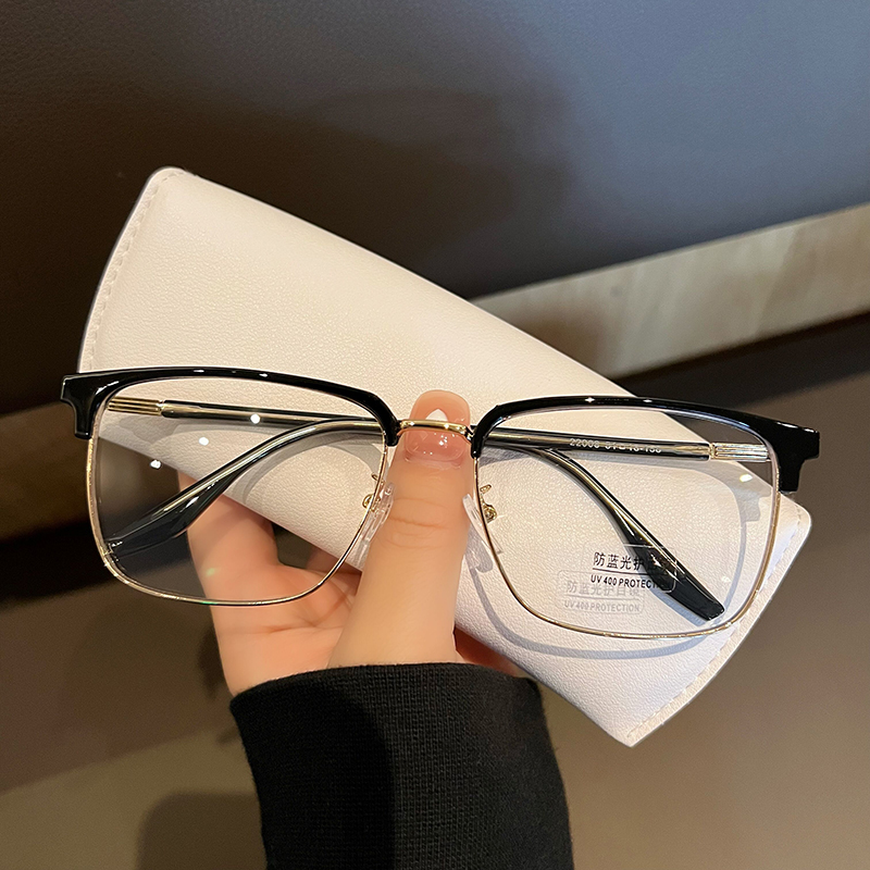 超大框男士素颜平光镜金属半框大脸E眼镜框男款可配度数近视眼睛