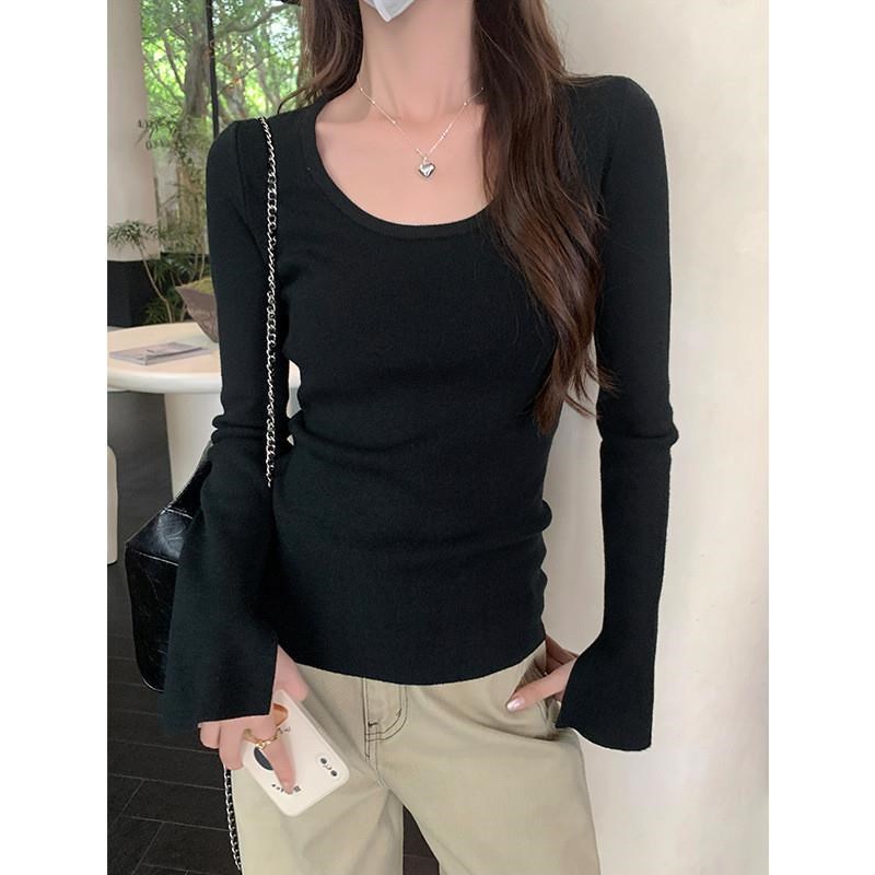 正品秋季新款灰i色低圆领露锁骨修身弹力内搭女打底针织衫长袖上