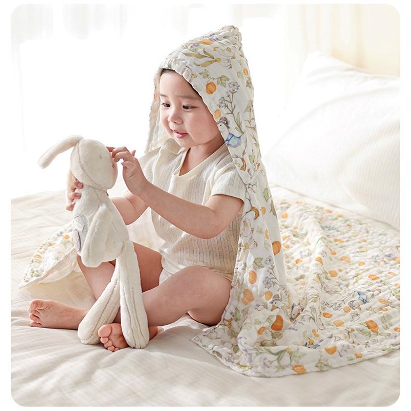 新生儿带帽斗篷浴巾a类纯棉六层泡泡纱婴儿洗澡可穿式防着凉浴袍