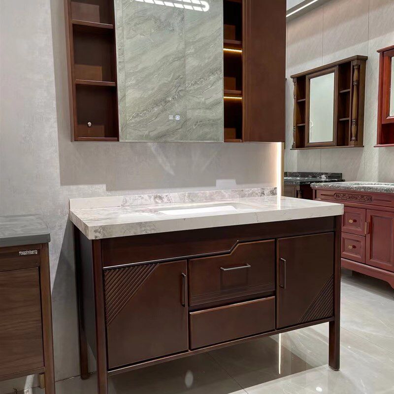 新中式智能橡木i原木浴室柜 高光岩板台面洗脸盆 智能灯光防雾镜