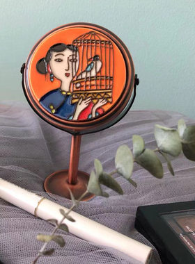 可爱复古台式高清化妆镜居家装饰小号桌面梳妆镜立体瓷板画送朋友