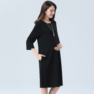 孕妇职业连衣裙2021夏季新款辣妈圆领纯棉短袖中长款黑色工作服