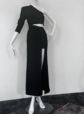 黑色单肩弹力显瘦连衣裙女2023秋新款露腰修R身高级感气质长裙子