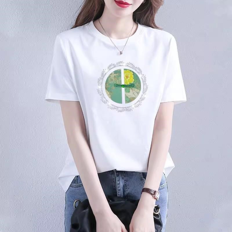 短袖T恤女新中式女装中国风2024年新款夏季烫钻宽松Y圆领百搭上衣