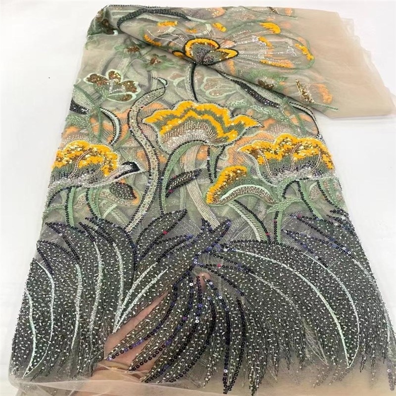 重工植物花卉亮片珠管刺绣网纱布料蕾丝花边婚纱礼服连衣裙面料