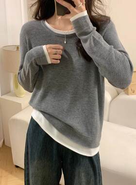 胖妹妹大码e假两件长袖T恤女春秋季2024年新款毛衣针织打底衫上衣