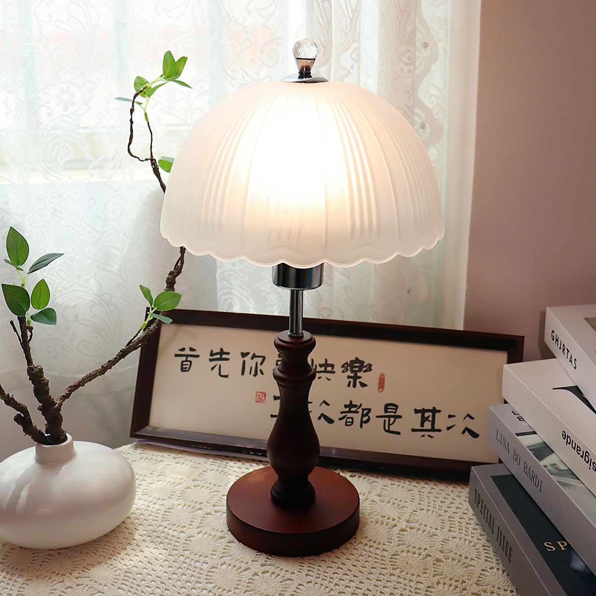 台灯卧室床头灯老人n用现代卧室书房客厅调光复古玻璃罩新款红木1