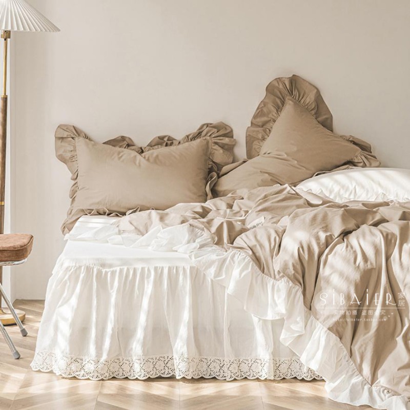 欧式韩版简约全棉纯棉蕾丝纯色床裙款床上用品Q被套四件套超值回