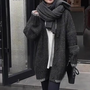 针织毛衣外 2024秋冬新款 100%纯山羊绒开衫 女中长款 加厚P宽松大码