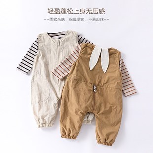 秋冬装婴儿连体衣服男女童宝宝加绒加厚冬季双拉链背带裤外出服