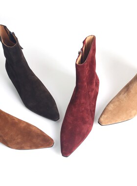 法式尖头平底短靴女新款低跟套筒牛皮复古宽口Q中筒靴27181