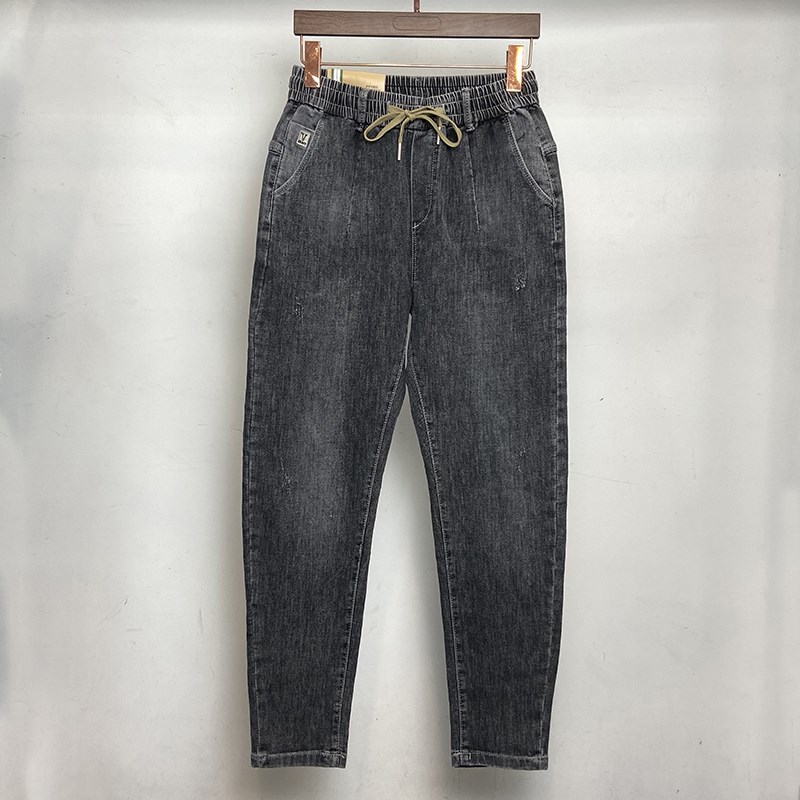 夏季薄款烟灰色松紧腰抽绳九x分裤青年弹力百搭修身小脚牛仔裤子