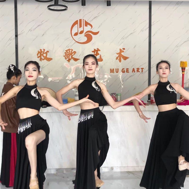 傣族舞蹈服装现代大摆裙黑色开叉花腰练功裙表演儿童女艺考演出服