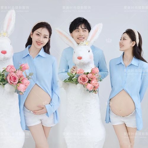孕妇23年兔年影楼情侣主题新款简约蓝色衬衫孕妈咪主题夫妻拍照服
